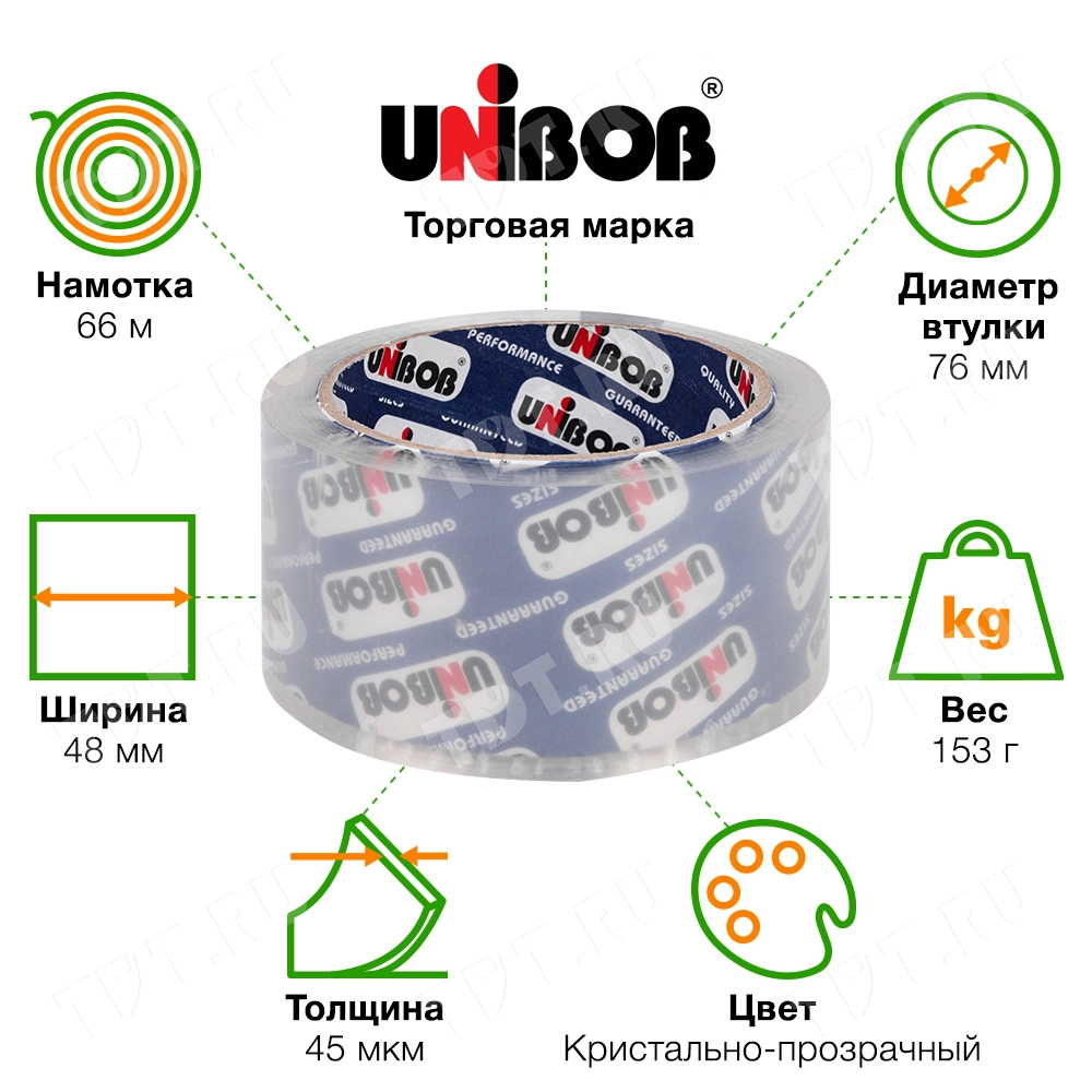 Клейкая лента кристально-прозрачная Unibob®, 48мм*66м*45мкм