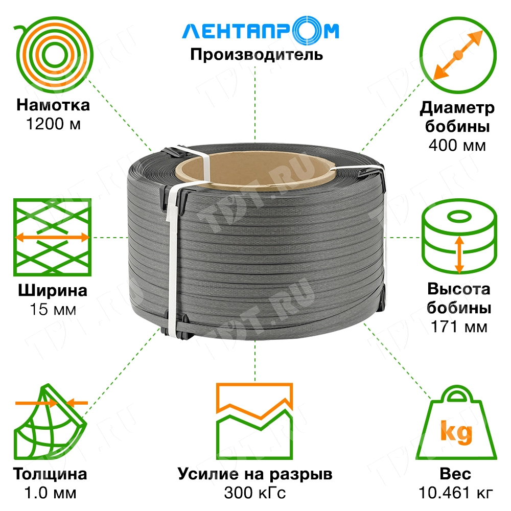 Стреппинг лента полипропиленовая (ПП), 15мм*1.0мм*1200м, серая