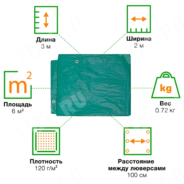 Защитный тент «Тарпаулин®» с люверсами зеленый, 2*3 м, 120 г/м²