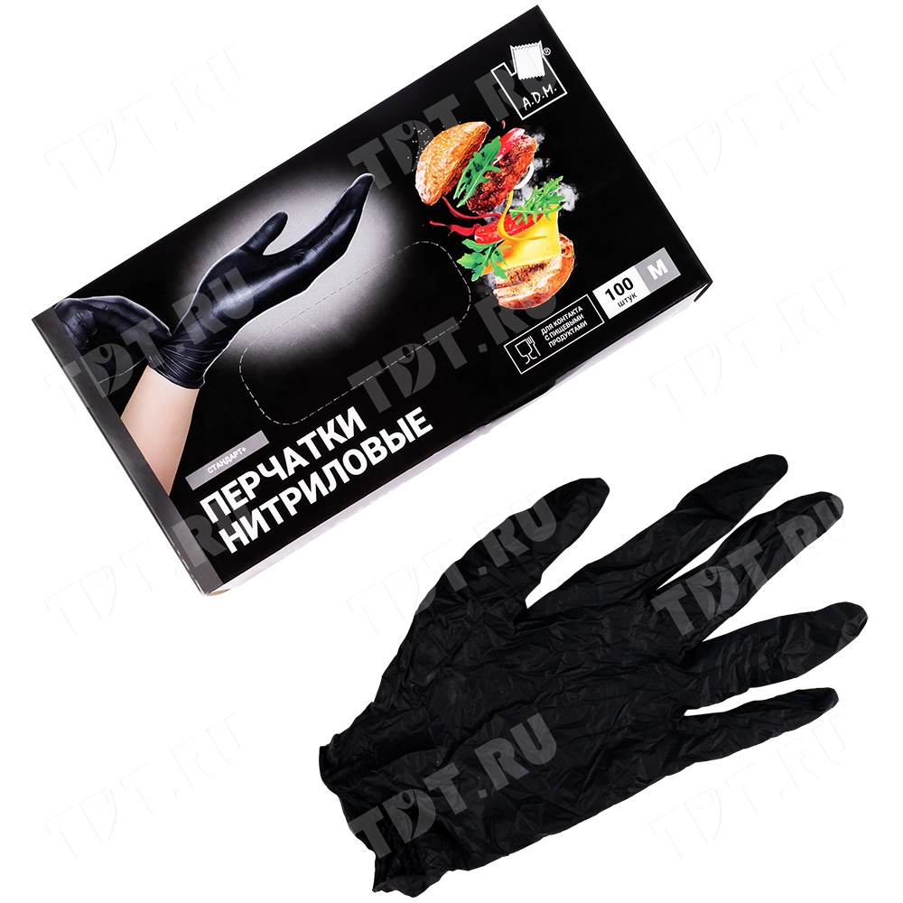 Перчатки нитриловые A.D.M., черные, размер M, 100 шт./уп.