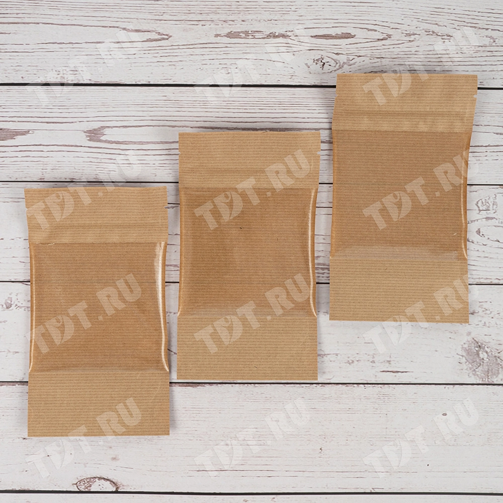 Крафт дой-пак с zip lock, прямоугольное окно 14 см, 13.5*7*22.5 см, 50 шт.