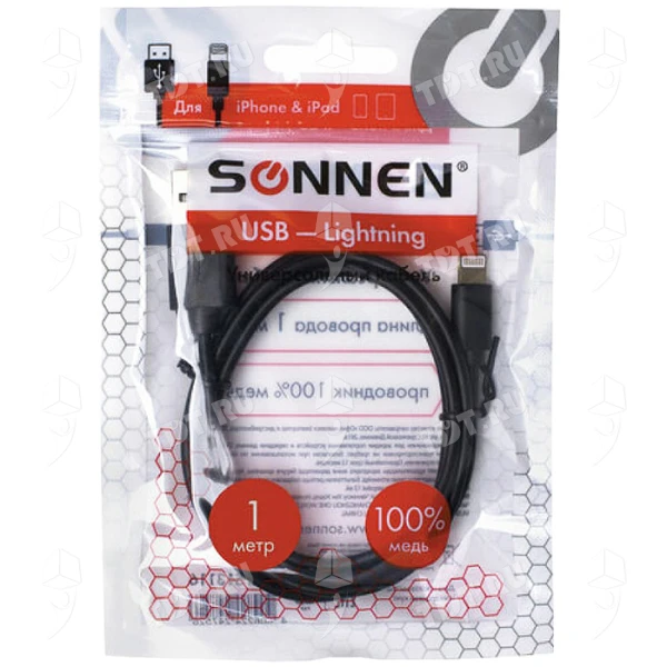 Кабель USB 2.0-Lightning, 1 м, SONNEN, медь, для передачи данных и зарядки iPhone/iPad