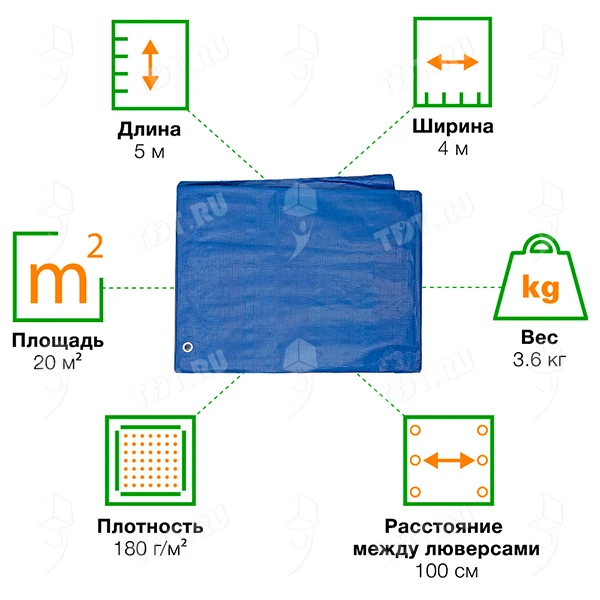 Защитный тент «Тарпаулин®» с люверсами синий, 4*5 м, 180 г/м²