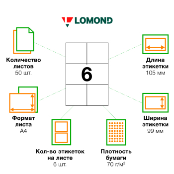 Самоклеящаяся бумага Lomond белая, 50 листов, А4, 6 этикеток, 105*99 мм
