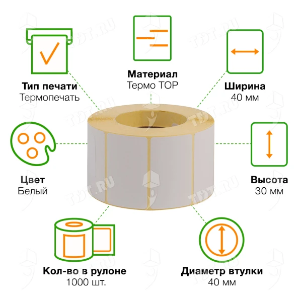 Термоэтикетки самоклеящиеся TOP 40*30 мм, втулка 40 мм, 1000 шт./рол.