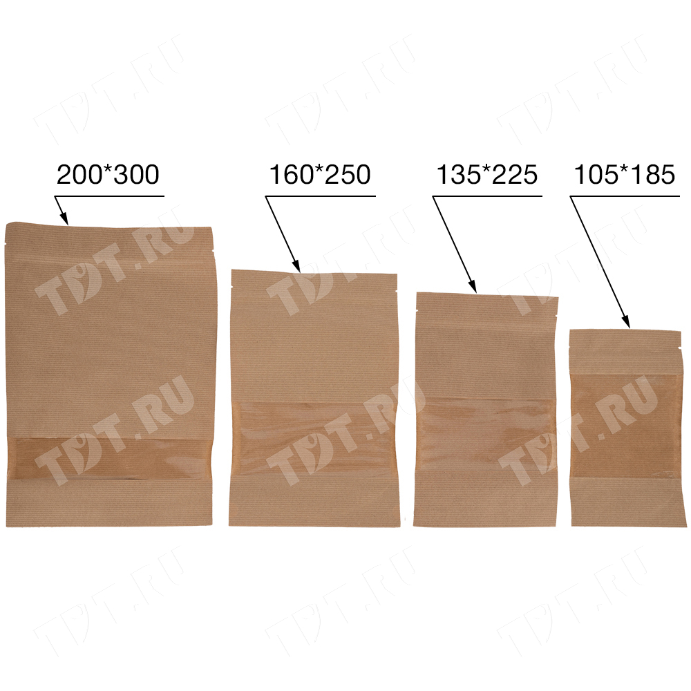 Крафт дой-пак с zip lock, прямоугольное окно 10 см, 12*6*18.5 см, 50 шт.