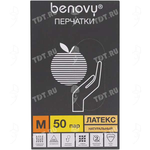 Перчатки латексные опудренные Benovy, бежевые, размер M, 100 шт./уп.