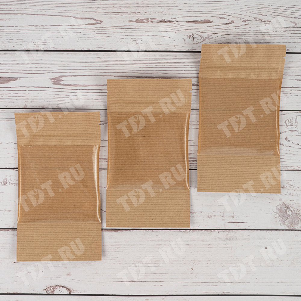 Крафт дой-пак с zip lock, прямоугольное окно 10 см, 12*6*18.5 см, 50 шт.