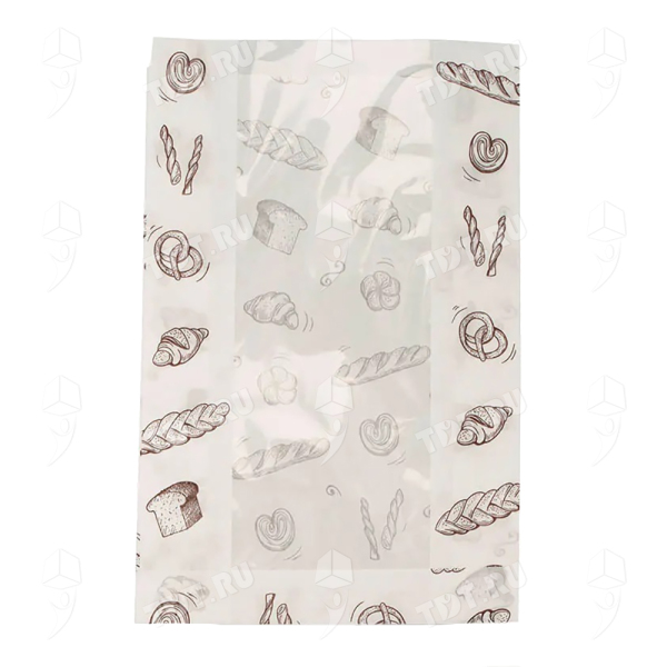 Крафт пакет с окном для хлебобулочных изделий, белый с рисунком, 325*200+65 мм, 50 шт.