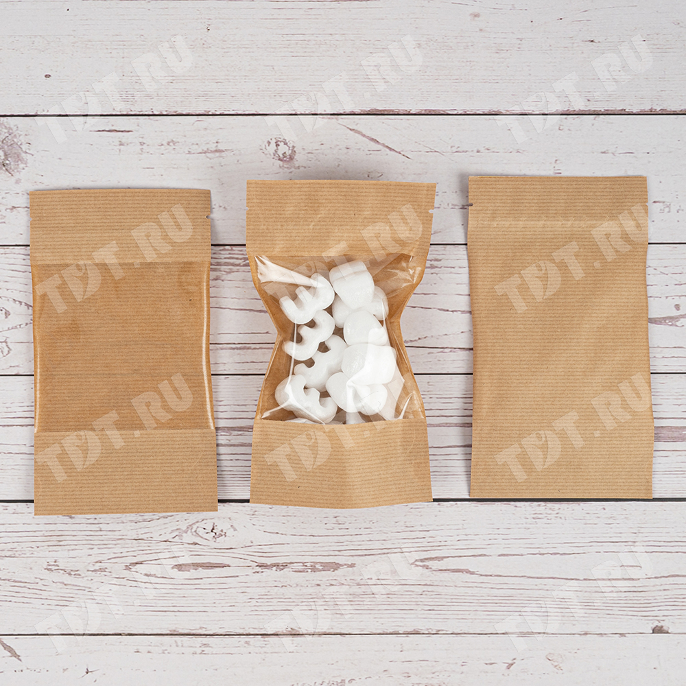 Крафт дой-пак с zip lock, прямоугольное окно 10 см, 12*6*18.5 см, 50 шт.